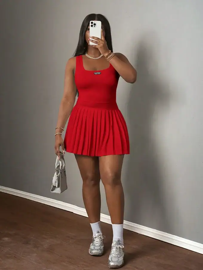Women’s Casual U-Neck Racer Vest Mini Dress with Pleated Skirt & Shorts - Image 4