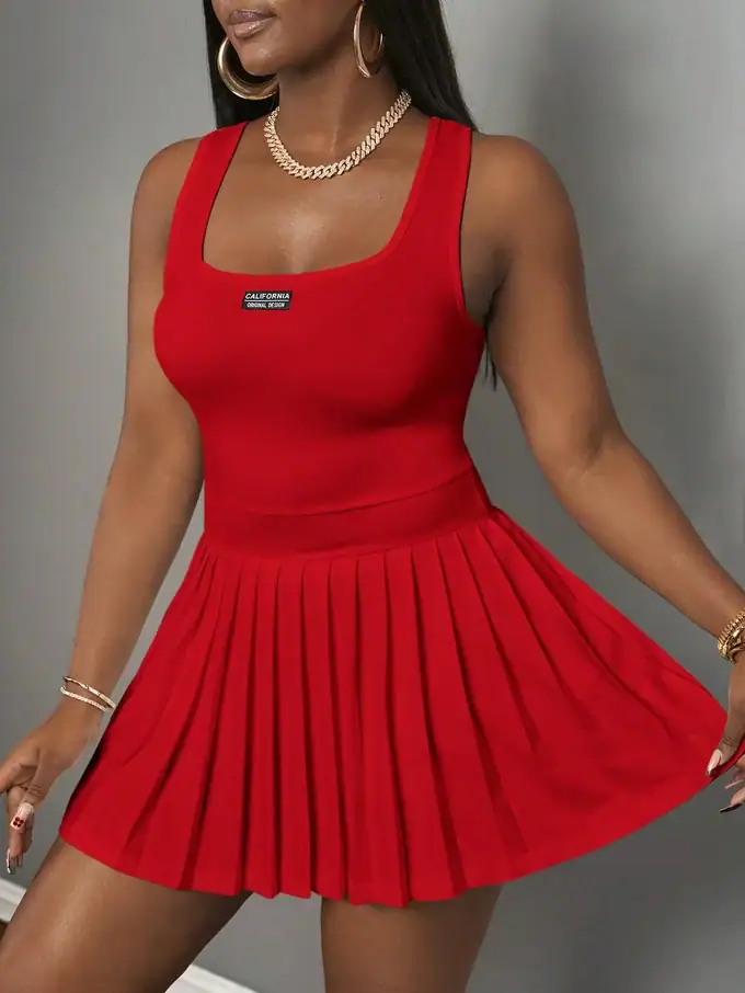 Women’s Casual U-Neck Racer Vest Mini Dress with Pleated Skirt & Shorts - Image 2