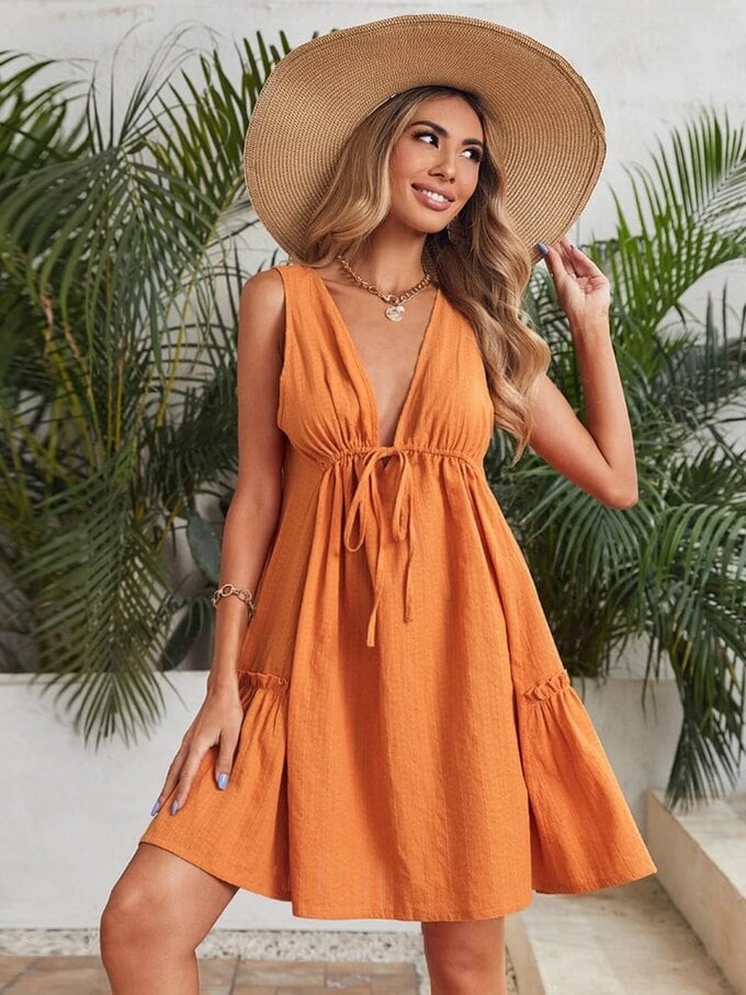Plunging Neck Drawstring Dress