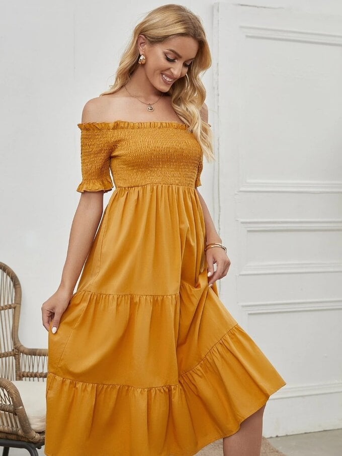Off Shoulder Shirred Dress - Image 4