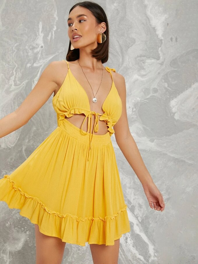 Self-Tie Cami Ruffled Mini Dress