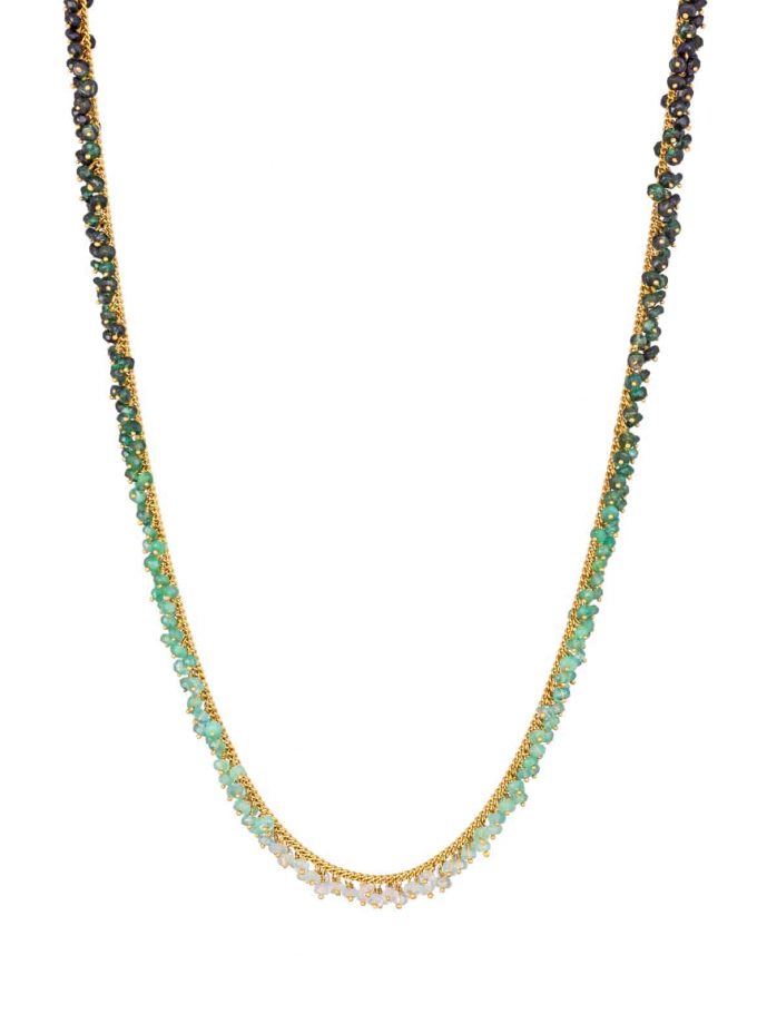 Photo of emerald beaded necklace with ombre effect on white background
