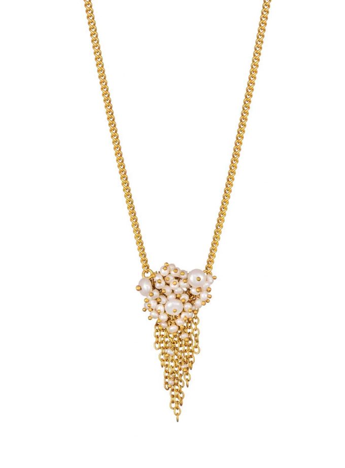 Photo of beaded pearl necklace with gold chain on white background
