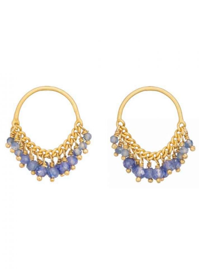 Sapphire and gold stud beaded earrings, loop shaped.