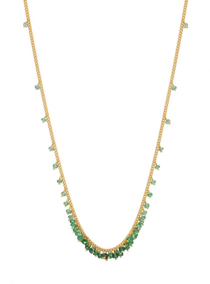 Photo of a emerald beaded necklace on gold vermeil chain.