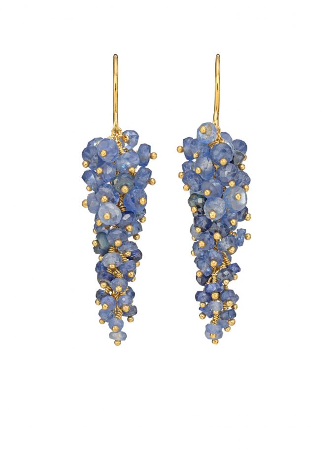 Blue sapphire beaded drop earrings, hand made by Kate Wood