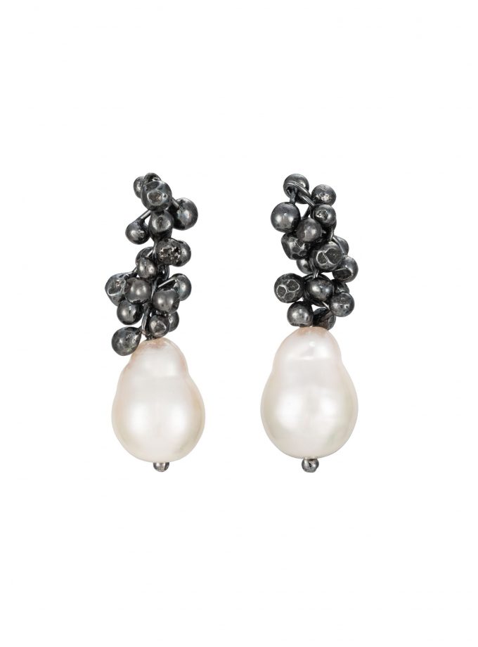 Pearl Drop Stud Earrings in Oxidised Silver