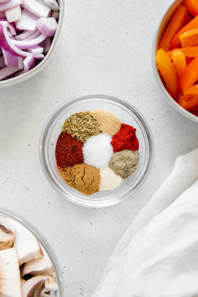 Homemade vegan fajita seasonings in a bowl.