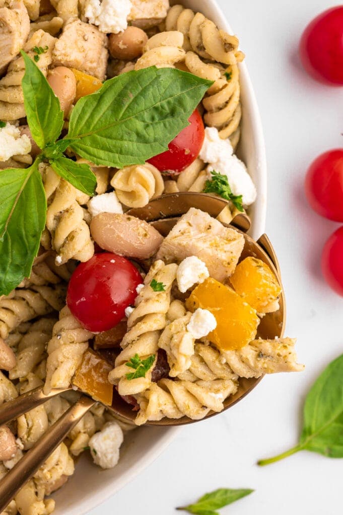 Overhead closeup of a spoonful of High Protein Pasta salad.