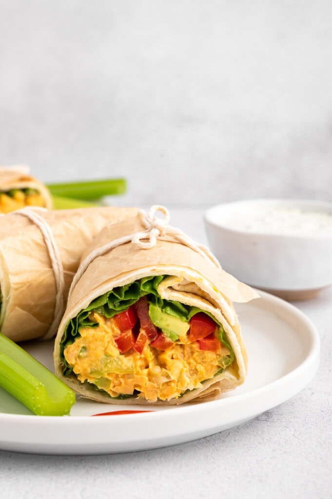 Front view of Buffalo Chickpea Wrap on a plate.