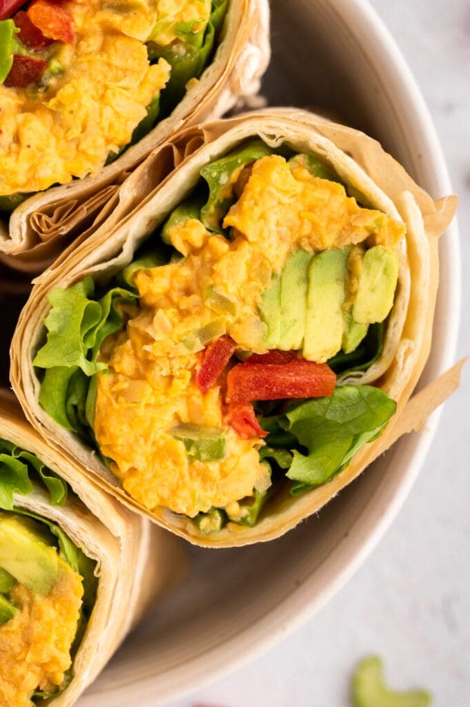 Overhead close up of the inside of half of a Buffalo Chickpea Wrap.