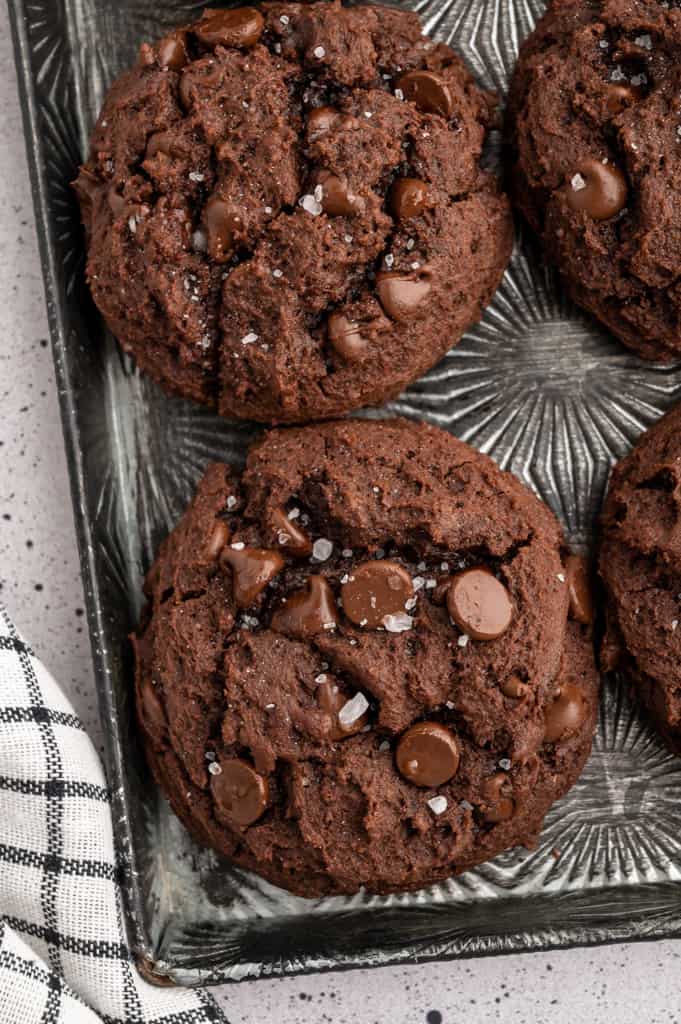 chocolate chip pudding cookies on a baking sheet