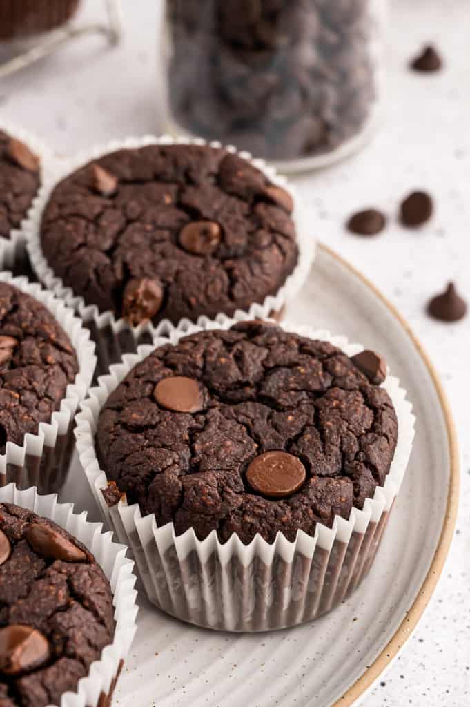 Fresh baked chocolate protein muffins on a plate.