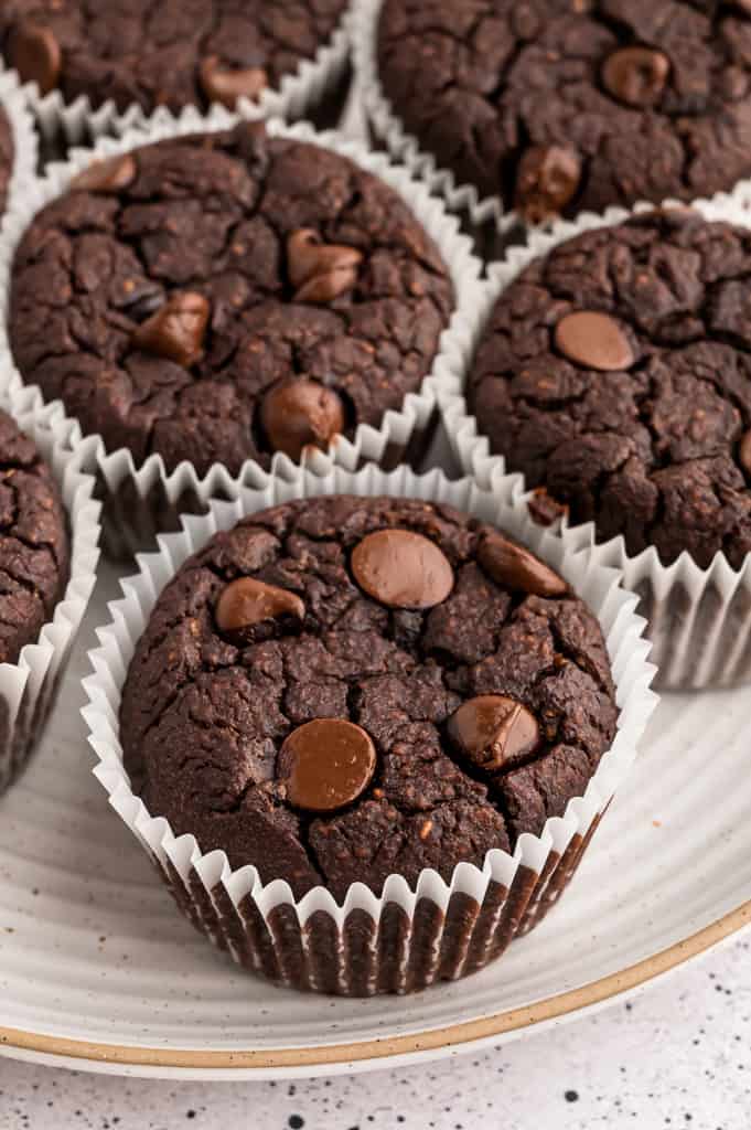 Several protein chocolate muffins sitting a plate after baking.
