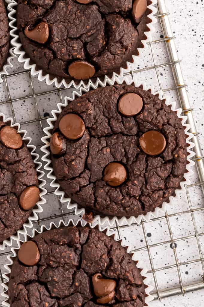 Top view of chocolate protein muffins cooling on a wire rack.