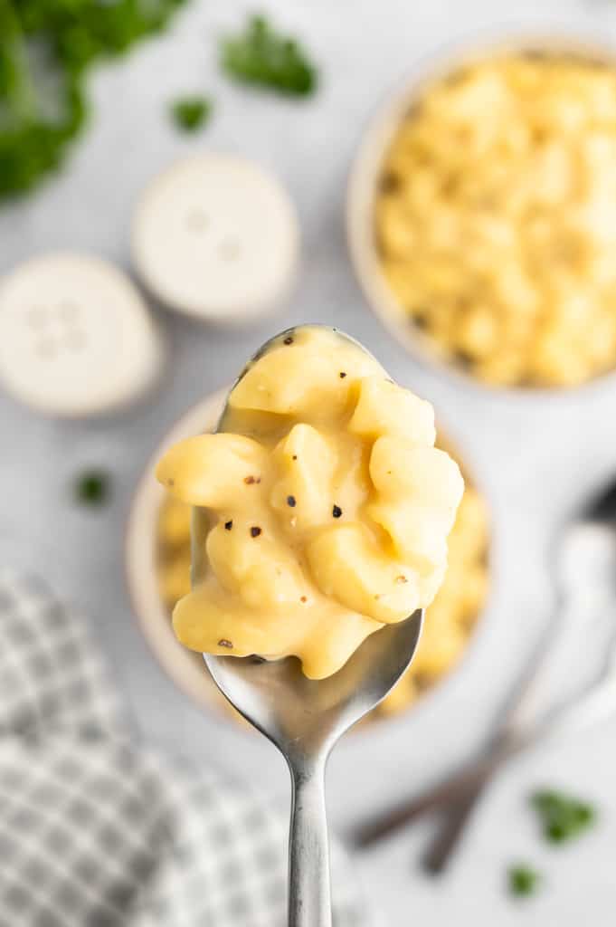 A close up of a spoonful of high protein mac and cheese.