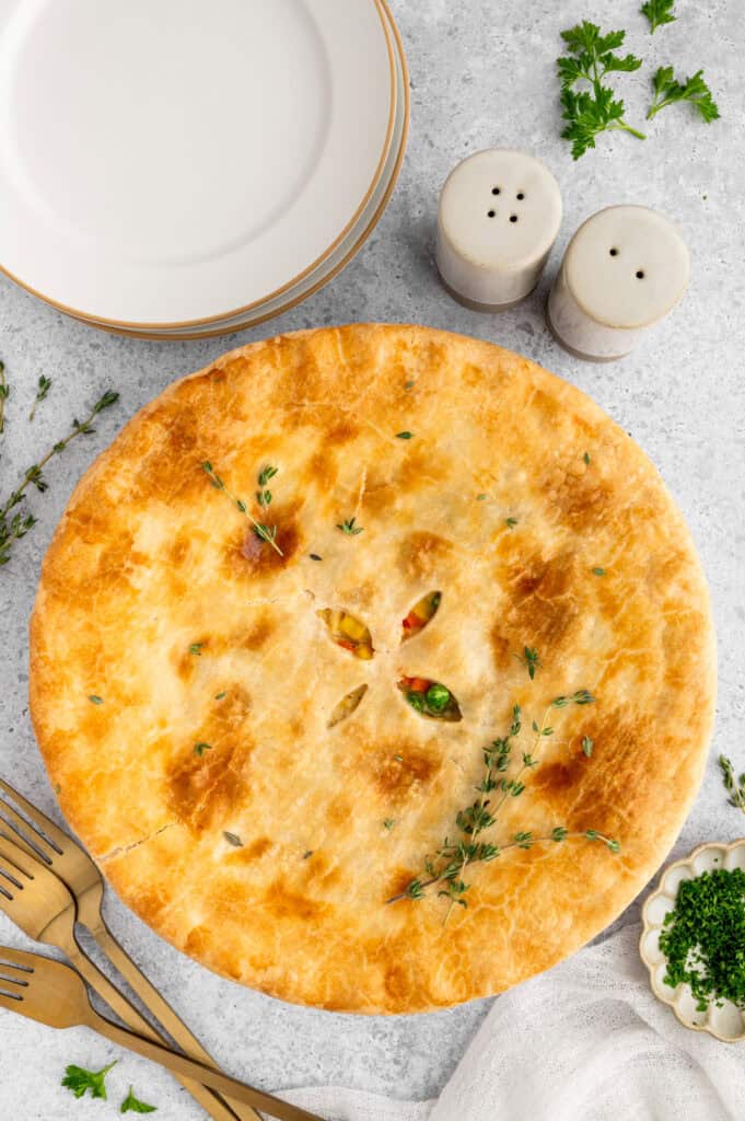 A whole healthy chicken pot pie resting after baking.