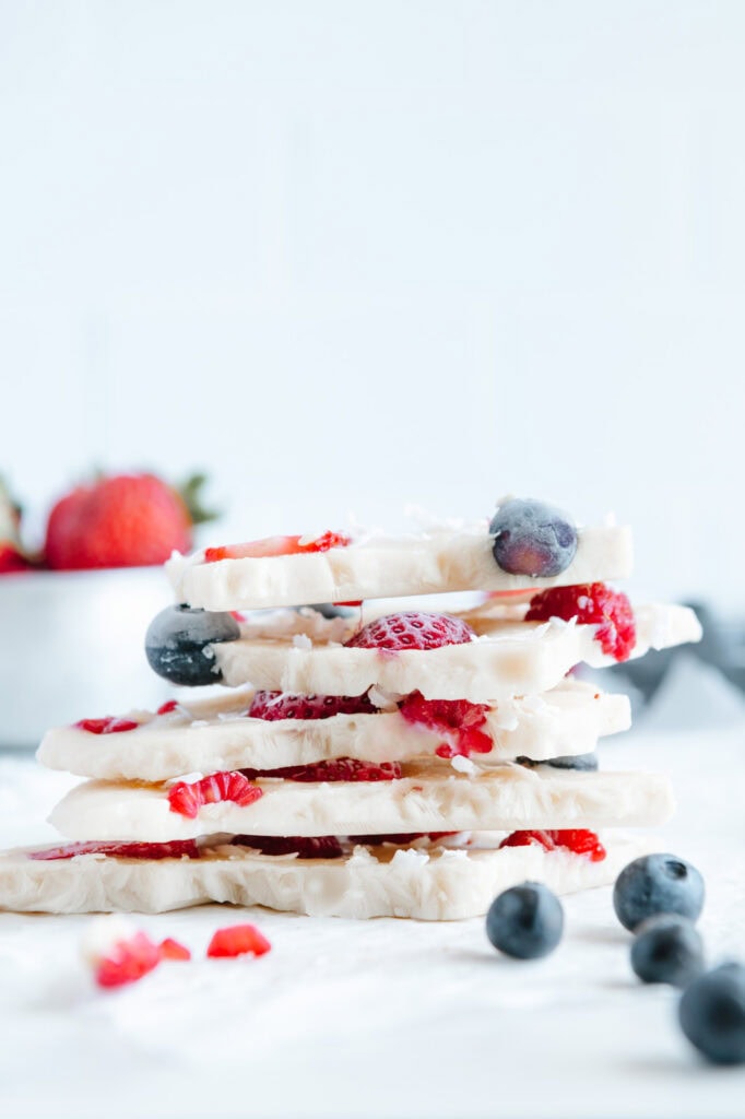 A stack of pieces of frozen yogurt bark.