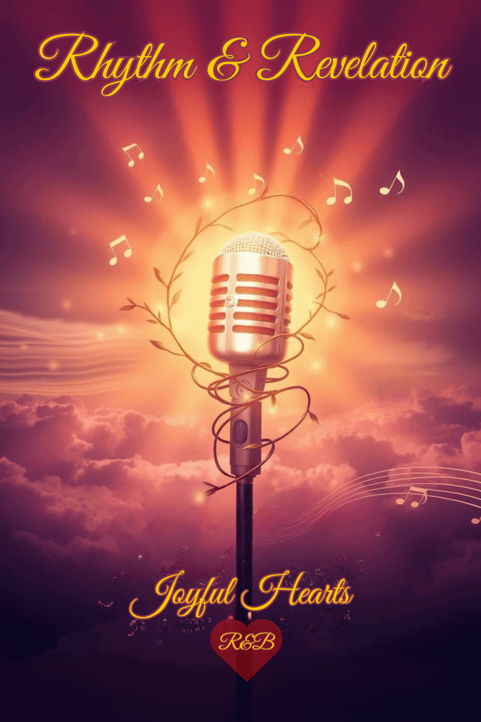 Album cover for “Rhythm & Revelation – Joyful Hearts R&B Collection” featuring a glowing vintage microphone wrapped in vines of light, surrounded by musical notes, golden rays, and a dreamy sky. Includes elegant script text and a red heart with “R&B” inside.