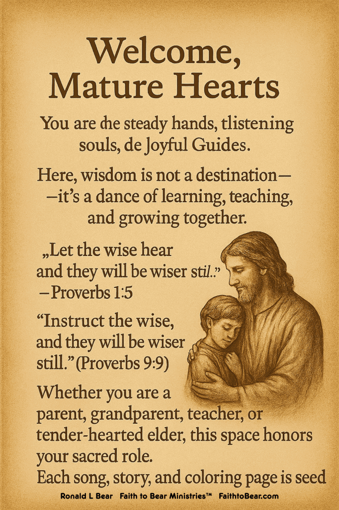 A warm-toned illustration of a man embracing a child, with poetic text welcoming Mature Hearts as joyful guides.