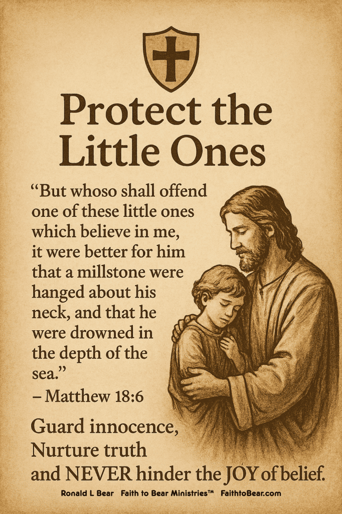 Sepia-toned illustration of a man embracing a child, with a shield and cross symbol, and a message from Matthew 18:6.
