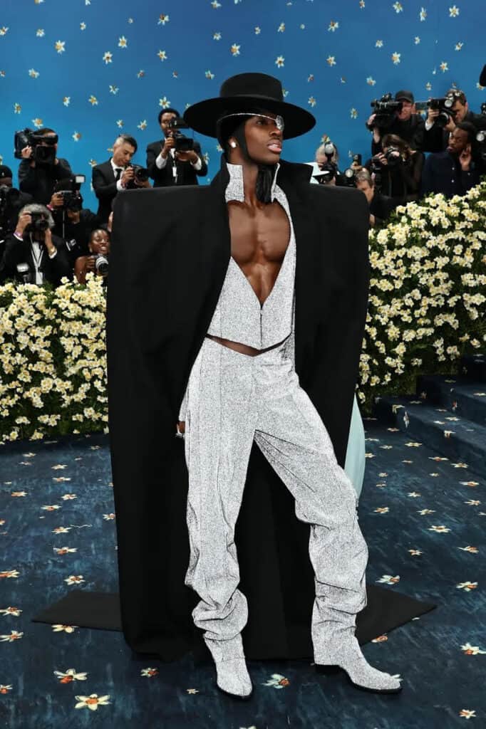 Silver and black ensemble at the Met Gala 2025, showcasing sculptural tailoring and queer-coded glamour inspired by Black Dandyism.