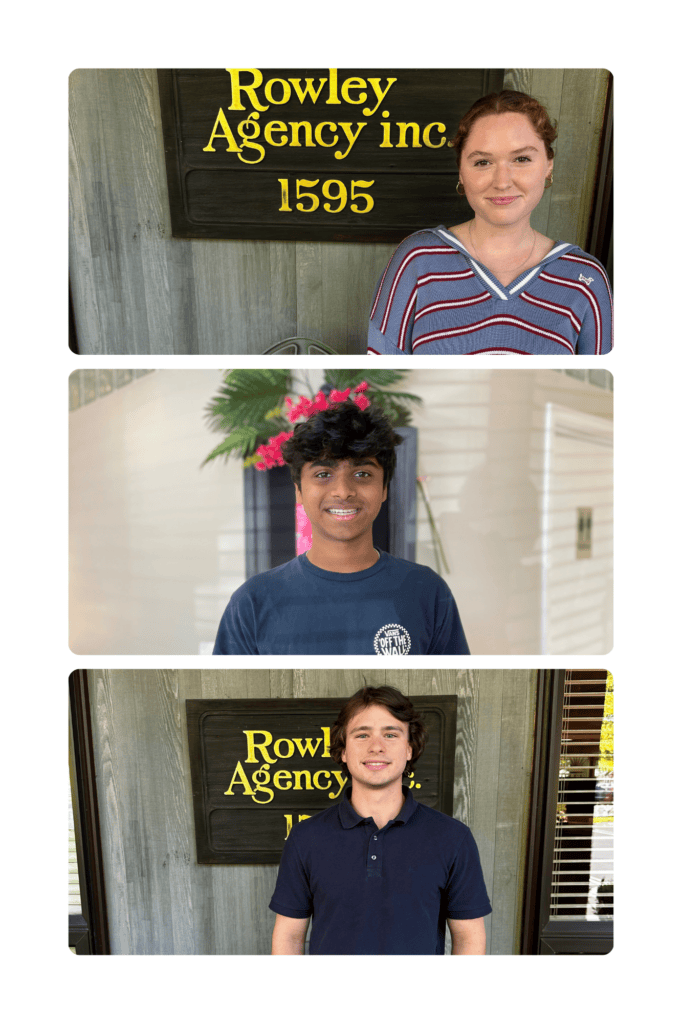 Three separate photos of people in front of a wooden sign reading "Rowley Agency inc."