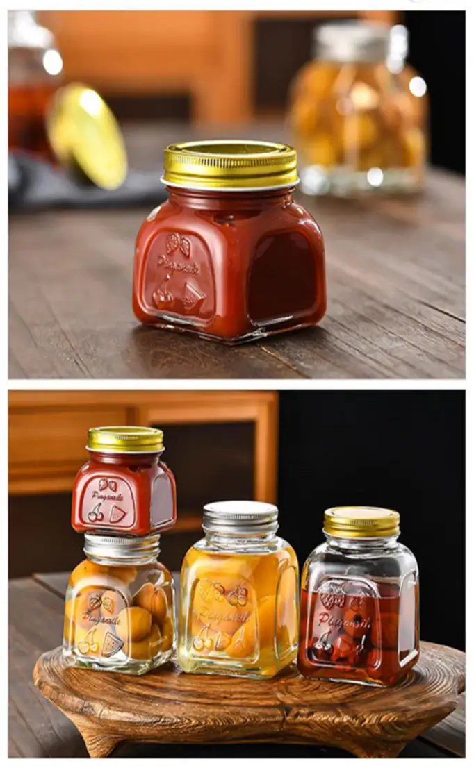 Barattolo di marmellata in vetro trasparente con coperchio metallico a vite, adatto per il confezionamento di alimenti sfusi e per applicazioni di etichettatura