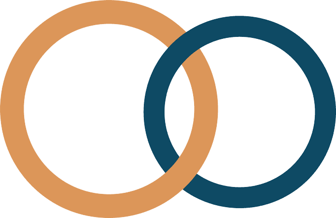 Stilisierte, ineinander verschlungene Eheringe in orange und blau.
