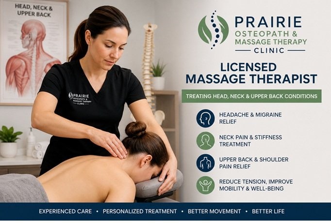 Patient receiving head neck and upper back treatment at Prairie Osteopath & Massage Therapy Clinic Regina-SK