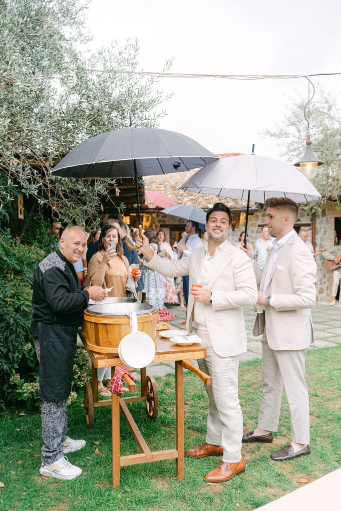 Destination wedding welcome party with traditional Italian food