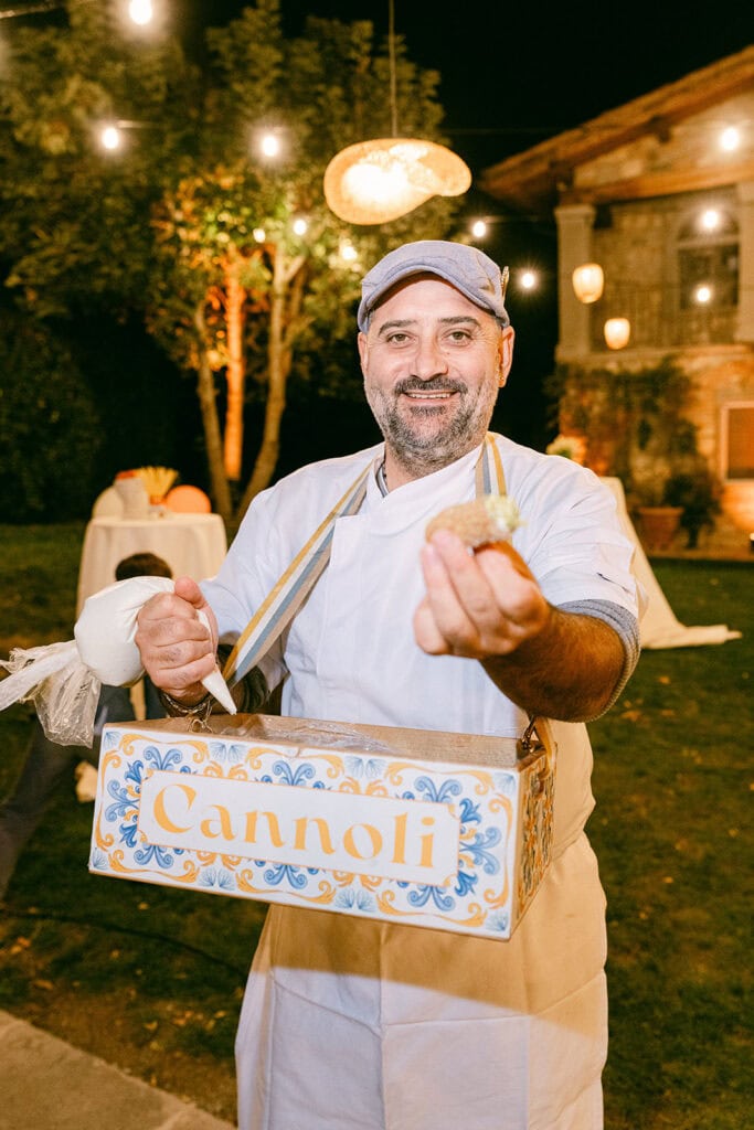 Outdoor wedding dinner with Italian food and local wine