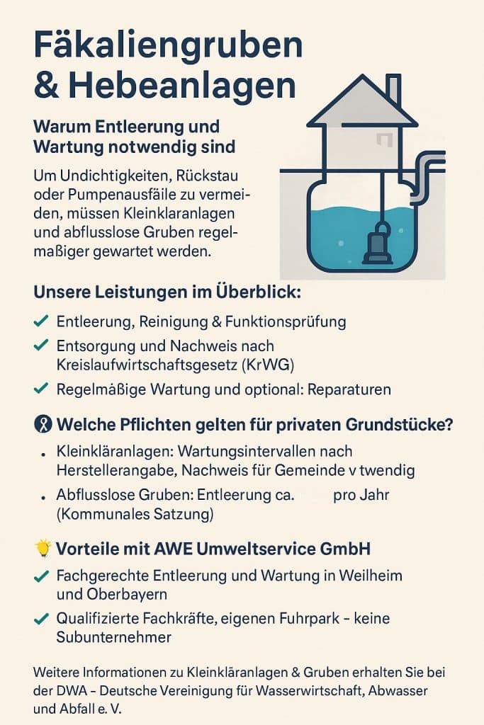 „Symbolgrafik zu Fäkaliengruben & Hebeanlagen – schematische Darstellung einer Abwassergrube mit Warnleuchte und wartender Entsorgungsfahrzeug-Silhouette“