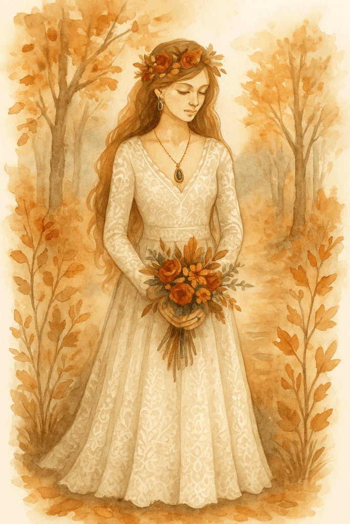 Akvarelová ilustrace – boho nevěsta na podzimní svatbě v přírodě. Má dlouhé vlnité vlasy, věneček z květin a listů, smaragdový náhrdelník a krajkové šaty v teplých odstínech krémové a zlaté. V rukou drží podzimní kytici v barvách oranžové, okrové a hnědé. Atmosféra rustikální podzimní svatby boho stylu. 🌿💍🍁
