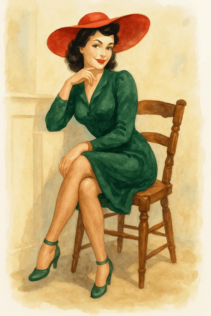 Akvarelová ilustrace pin-up dívky v zelených šatech a červeném klobouku, sedící elegantně na židli.