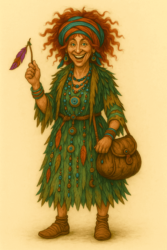 Akvarelová ilustrace Šustěny Bludné jako kočovné víly s rozcuchanými zrzavými vlasy, tyrkysovým turbanem, vrstveným zeleným oděvem, množstvím korálkových šperků, peřím a cestovní brašnou.
