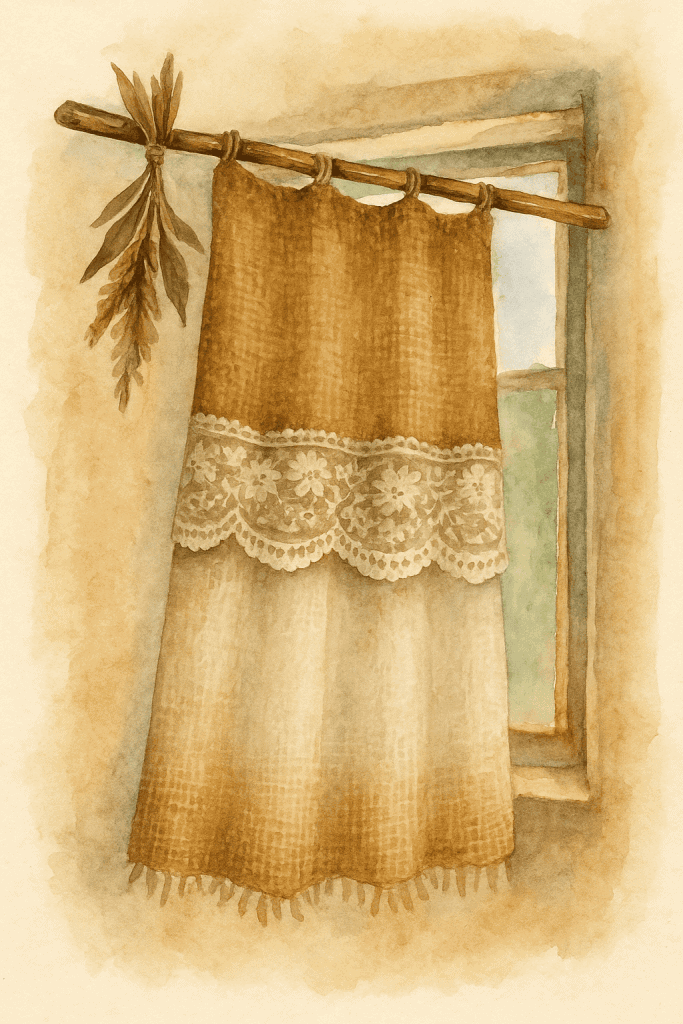Staré záclony a krajkové záclony na okně, přírodní materiály, rustikální styl, vintage dekorace, dřevěná tyč na závěsy, dekorace do interiéru, venkovský styl, ručně vyráběno, domácí atmosféra, Bead Culture.