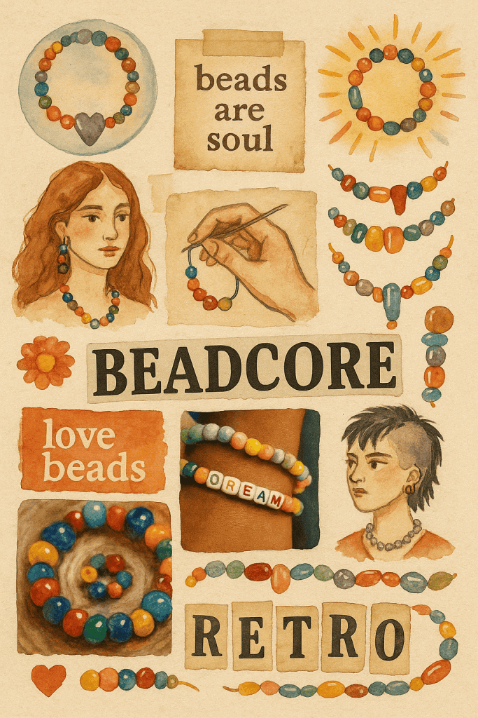 Watercolor poster with retro beadcore aesthetic. Handmade jewelry, beads, DIY bracelets and subcultural fashion illustration.