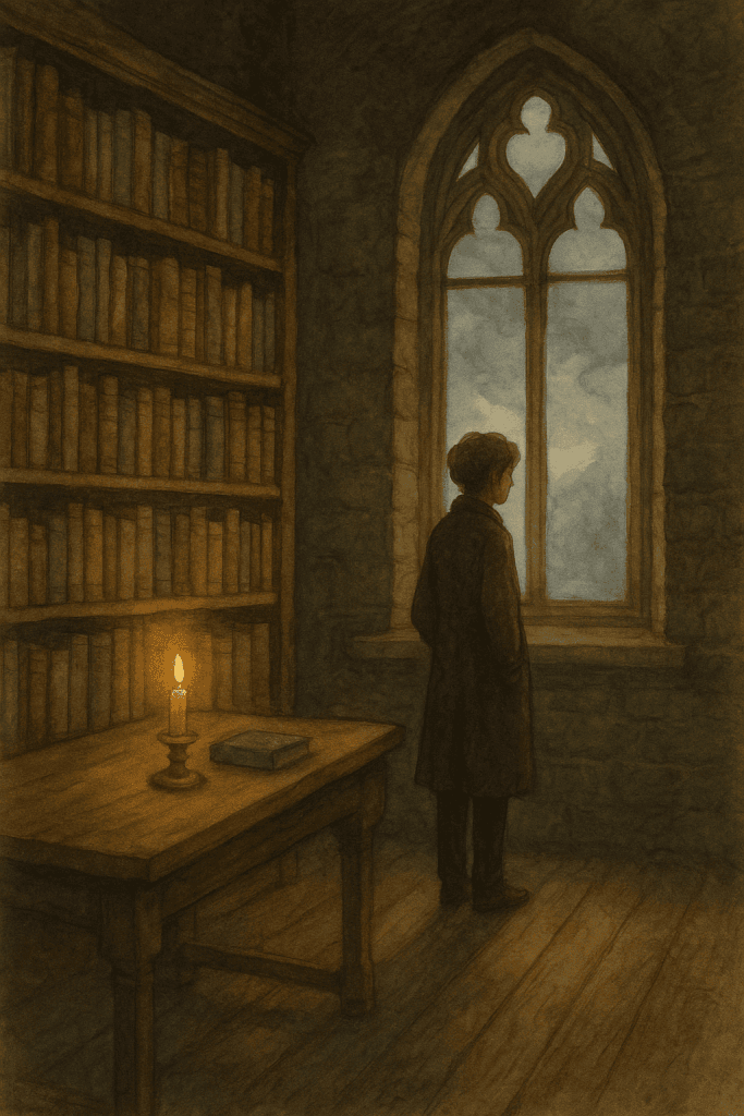Dark academia knihovna: vysoká okna, dřevěné regály a svíčka na stole.