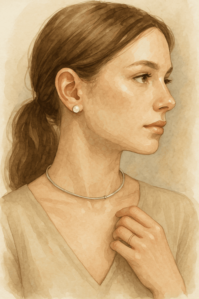 Retrato en acuarela de una modelo con choker de plata, pendientes de perla y anillo fino dorado — joyería minimalista para el trabajo.