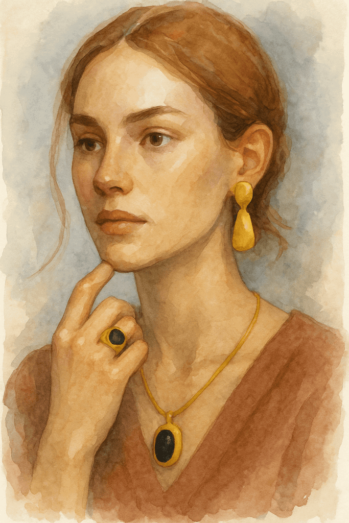 Retrato en acuarela de una modelo con anillo cóctel de ónix, pendientes asimétricos dorados y colgante en oro mate.
