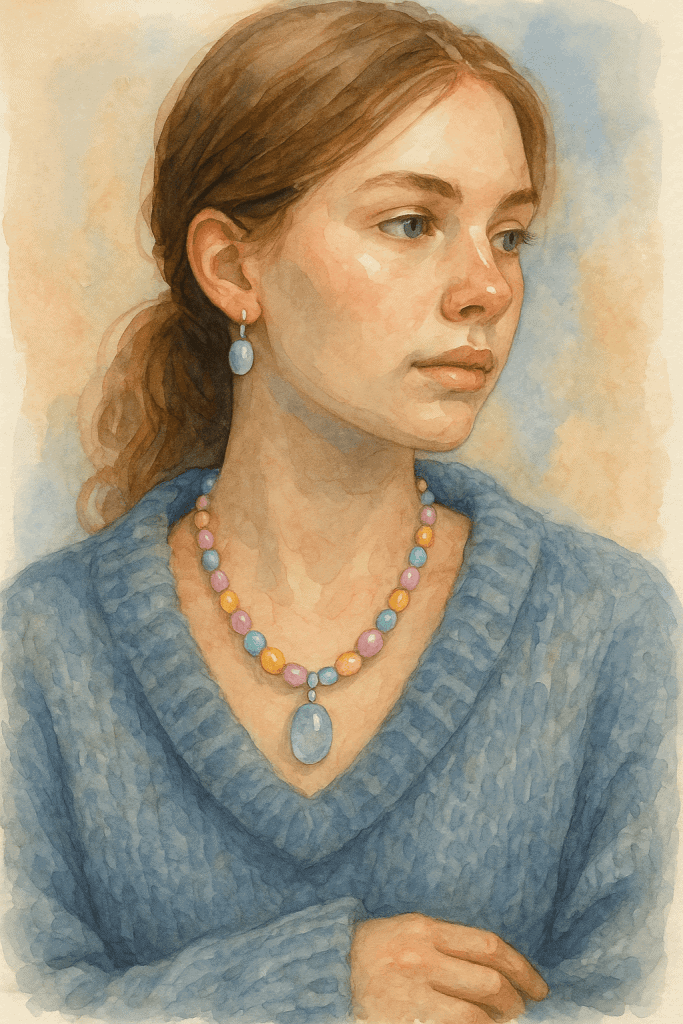 Retrato en acuarela de una modelo con suéter azul oversized, collar de cuentas en pasteles, colgante de vidrio y pendientes delicados.