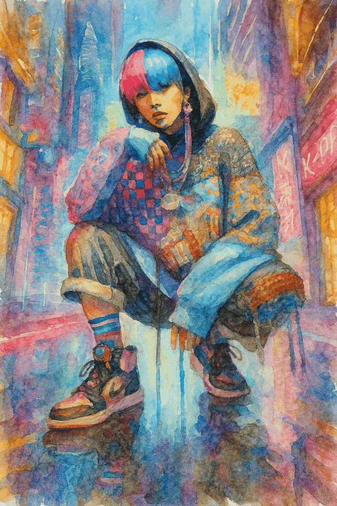 K-pop street style – akvarelový portrét mladého idola s barevnými vlasy v městském prostředí, kombinace oversized módy, sneakers a neonové estetiky
