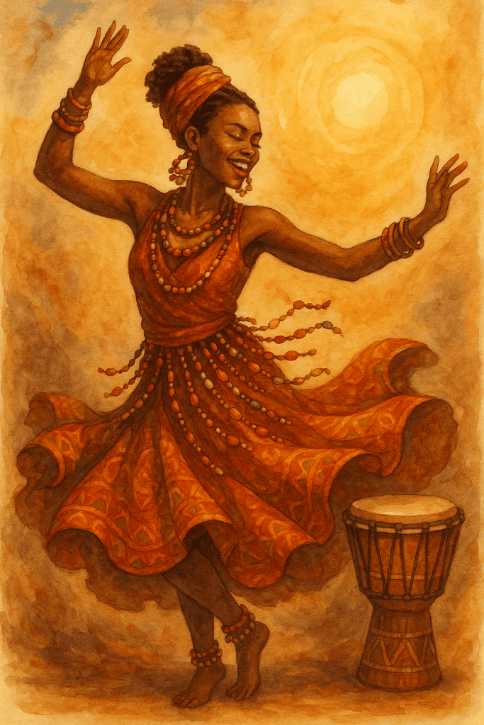 Akvarelová ilustrace Afro-Boho ženy tančící při slunci – má vrstvené šperky, barevnou sukni, turbanu a po boku buben, ztělesňuje radost, rytmus a spojení se Zemí.