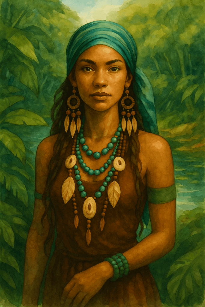 Akvarelová ilustrace ženy v Amazonian Boho stylu – tyrkysový šátek, šperky z mušlí a dřeva, za ní prales a řeka symbolizující element vody a života.