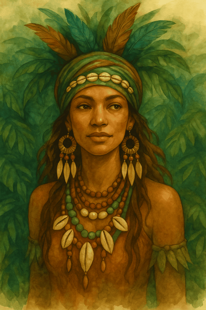 Akvarelová ilustrace Amazonian Boho ženy s korálkovými šperky, mušlemi a peřím, obklopená zelení tropického pralesa.