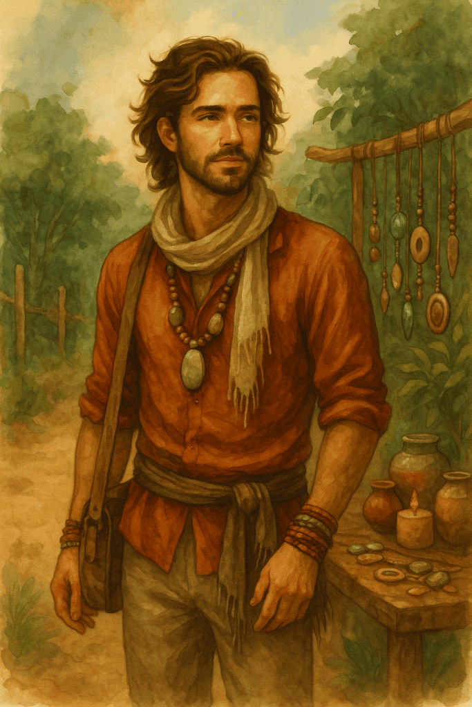 Akvarelová ilustrace Artisan Boho muže – cestovatel v cihlové lněné košili, se šátkem, dřevěnými náramky a amuletem, stojící v přírodě mezi keramickými nádobami a šperky.
