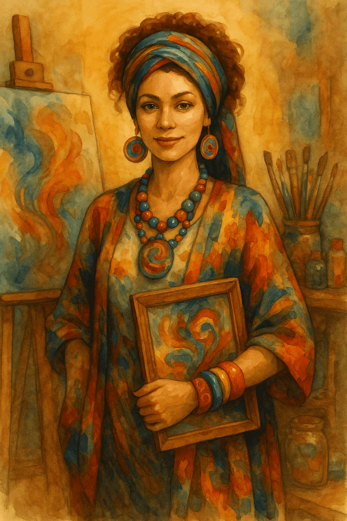 Akvarelová ilustrace ženy v Artistic Boho stylu – barevné oblečení, šátek, výrazné šperky, drží obraz s abstraktním motivem, za ní ateliér s plátnem a štětci.