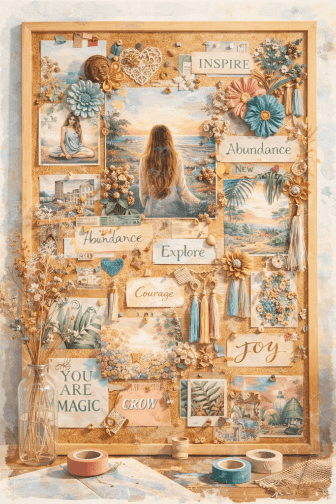 Boho vision board s koláží obrazů, afirmací a přírodních motivů na korkové nástěnce, zaměřený na inspiraci, hojnost, radost a osobní růst v jemné harmonické atmosféře.