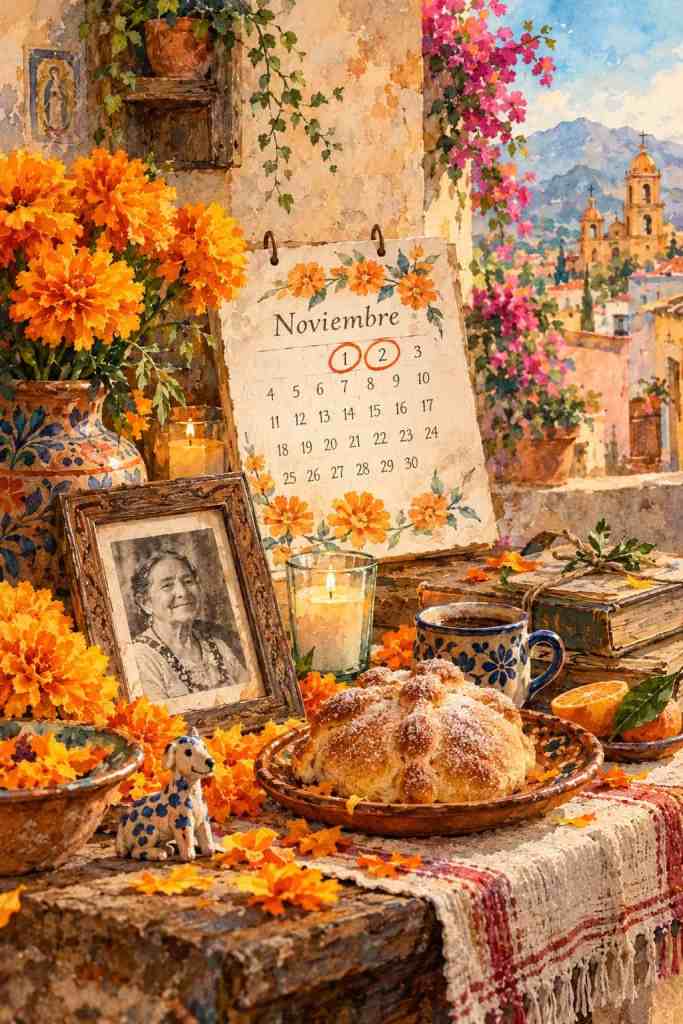 Mrtva priroda s kalendarom početka novembra, narandžastim cvijećem, svijećom, uokvirenom fotografijom, hljebom i šoljicom kafe.